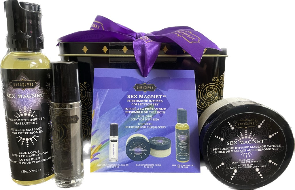 Kama Sutra Sex Magnet Pheromone BLUE LOTUS Gift Set Includes Roll On Fragrance, Massage Oil, Massage Candle