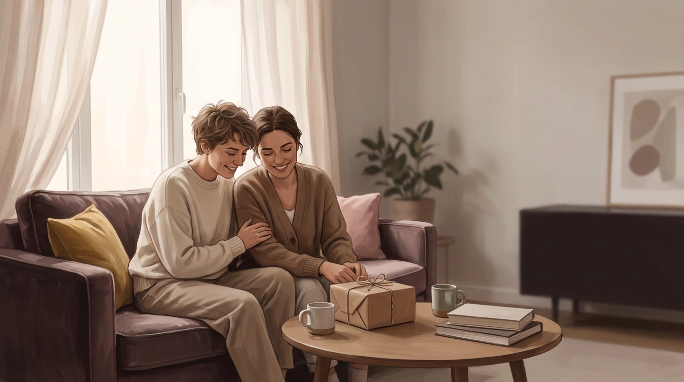 Illustration of a couple sitting close on a sofa, smiling as they untie a plain paper-wrapped gift together at home.
