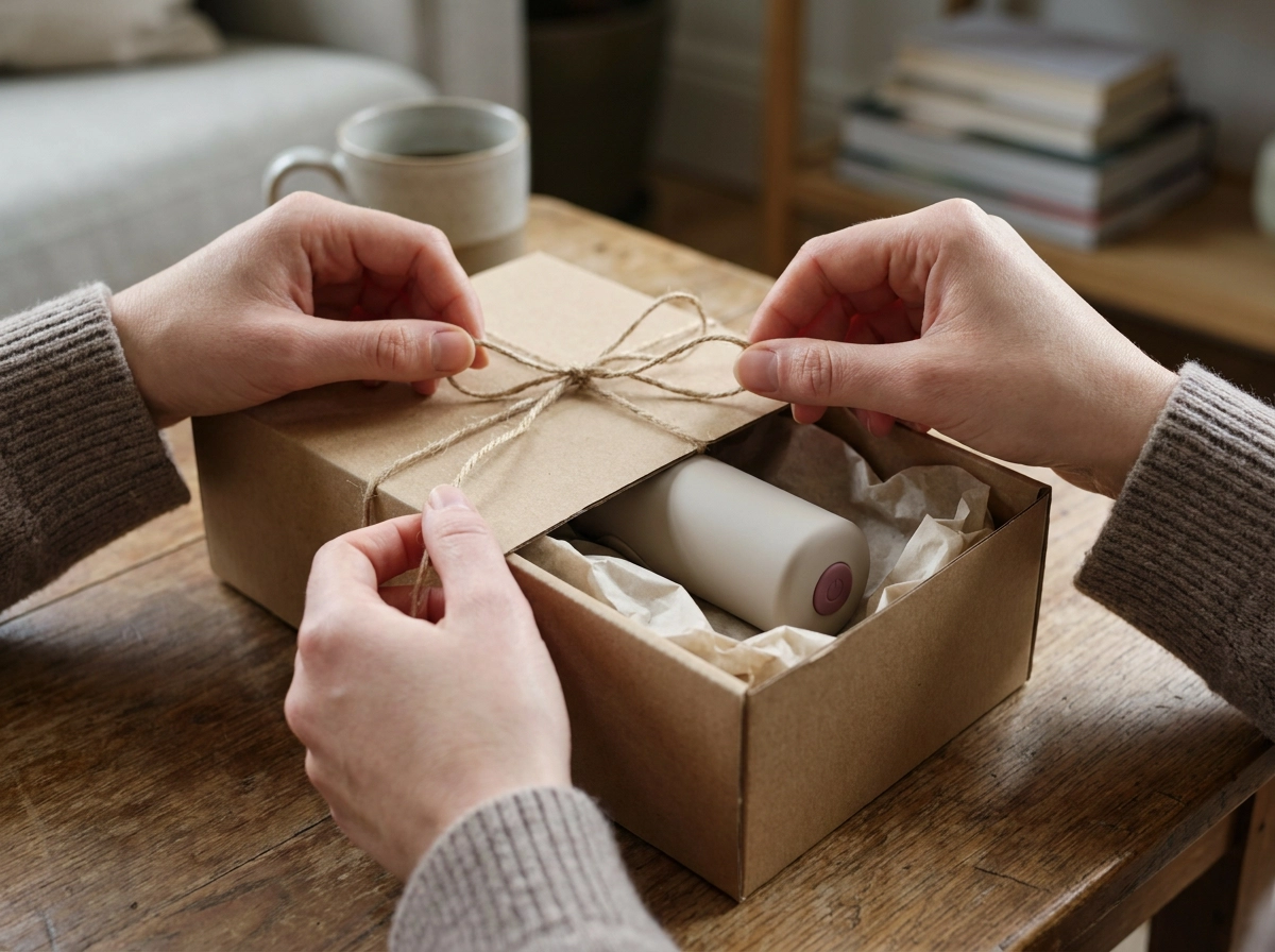 Hands tying a twine bow on a kraft gift box holding a small cream-coloured wellness device, on a wooden table.