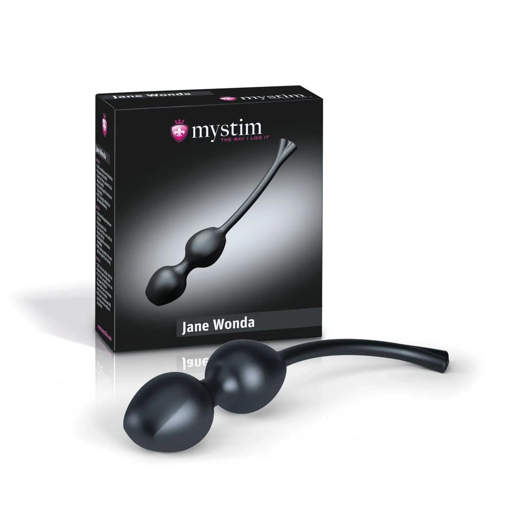 A black e-stim geisha-ball duo connected by a thin cable, shown beside its retail box printed with the Jane Wonda name