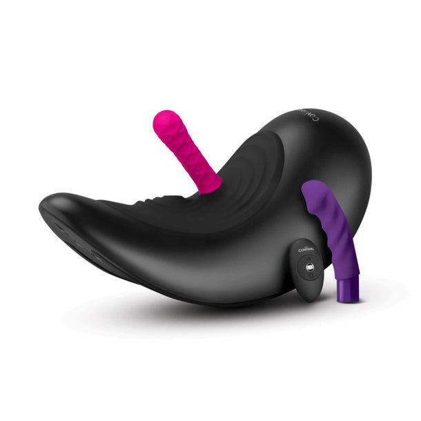Cowgirl Saddle Machine, a black saddle-shaped ride-on, shown with both included attachments