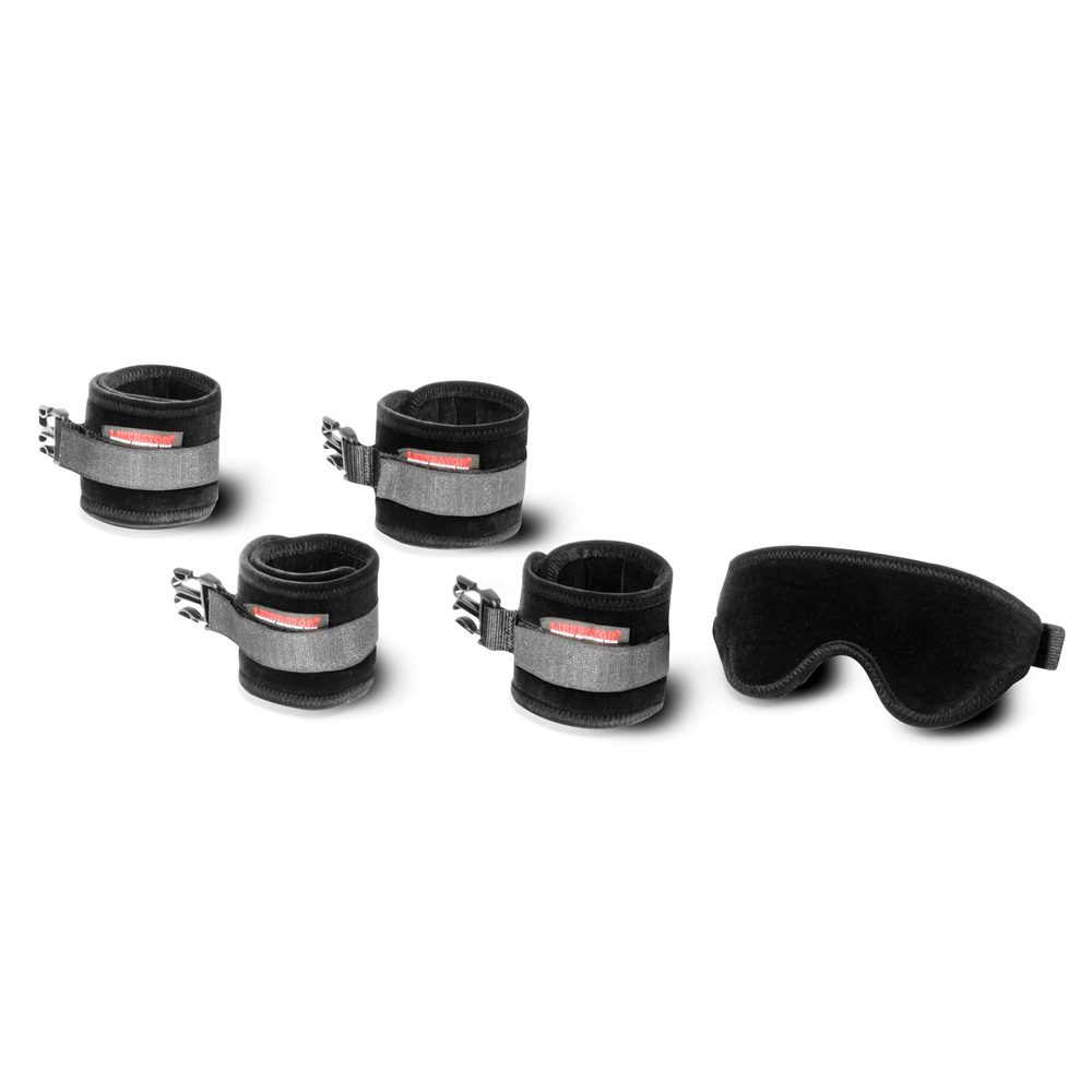 Black microfiber multi-piece restraint kit with wrist and ankle cuffs and connector straps