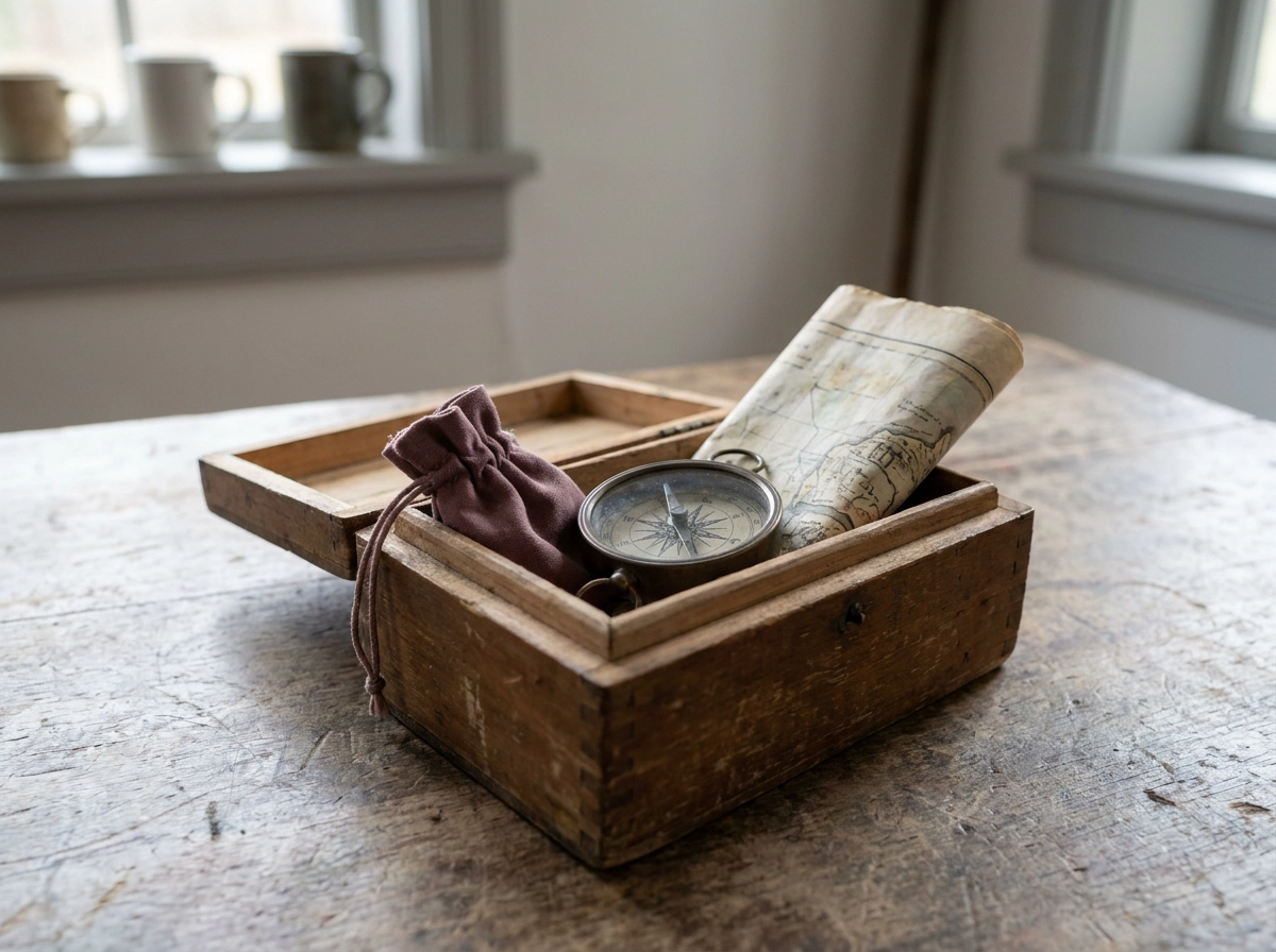 An open wooden keepsake box holding a brass compass, a folded map and a small velvet pouch.