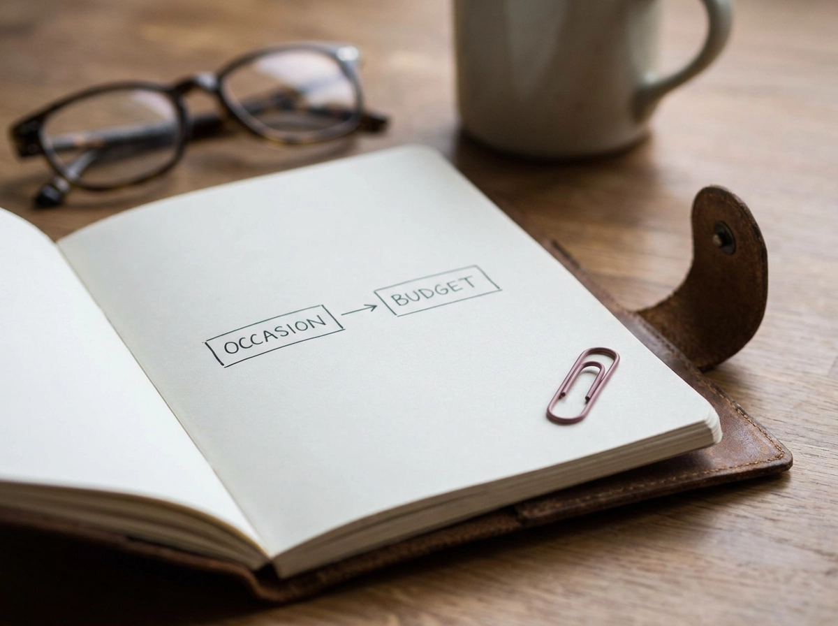 An open notebook on a wooden desk with 'Occasion' and 'Budget' sketched on the page, beside reading glasses and a mug.