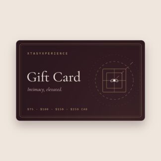 XtasyXperience gift card in espresso and gold, with the line Intimacy, elevated, available in $75, $100, $150 and $250 CAD.