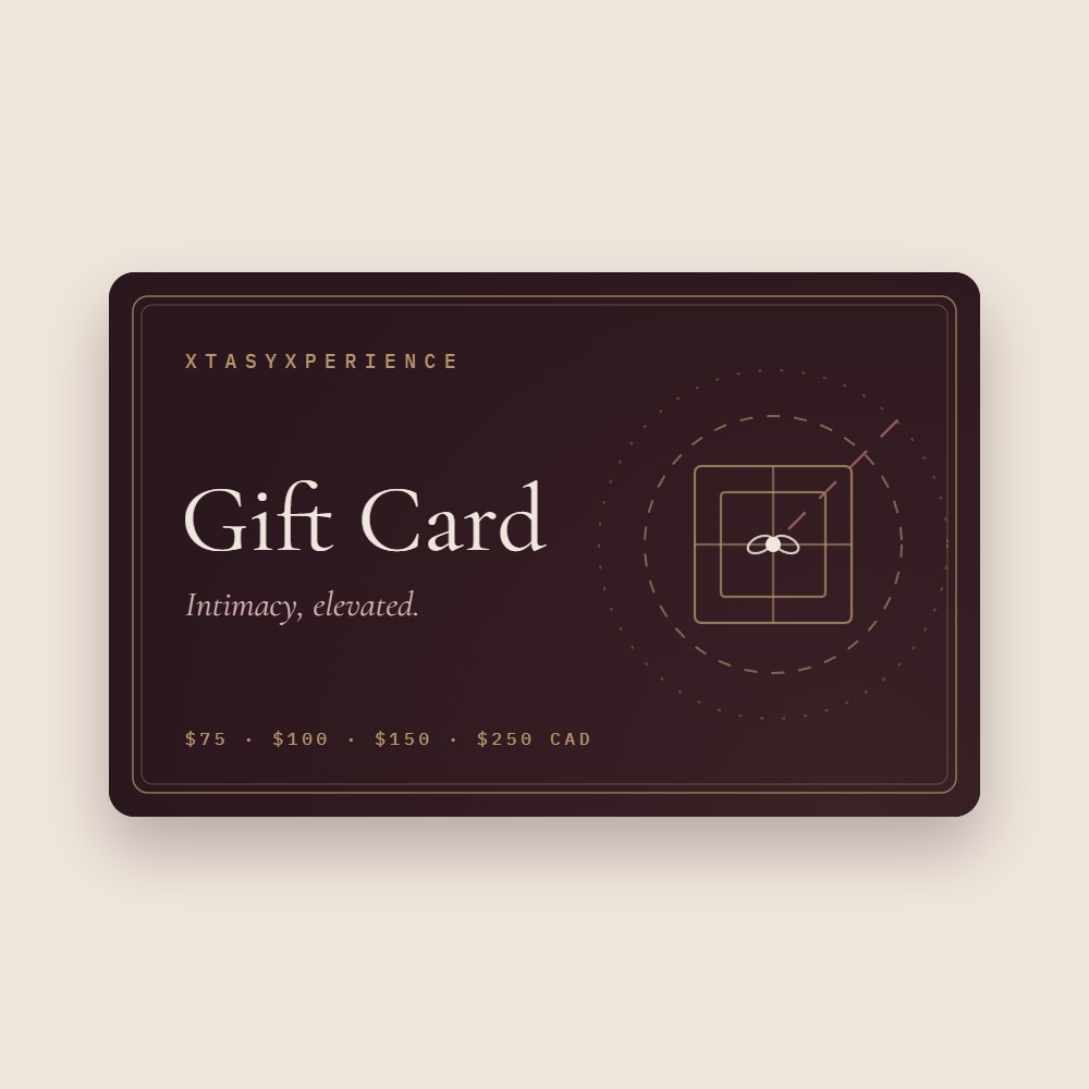 XtasyXperience gift card in espresso and gold, with the line Intimacy, elevated, available in $75, $100, $150 and $250 CAD.